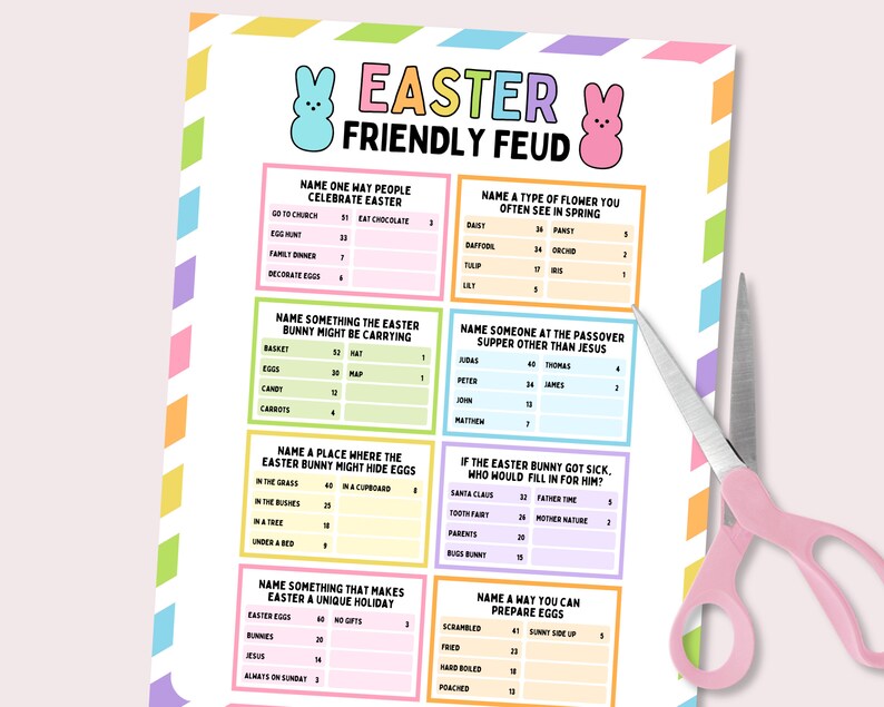 Puede incluir: Un juego imprimible de tem&aacute;tica pascual llamado "Friendly Feud" con preguntas sobre las tradiciones de Pascua, las flores y la cena de la Pascua jud&iacute;a. El juego est&aacute; dise&ntilde;ado para que dos equipos compitan entre s&iacute;.