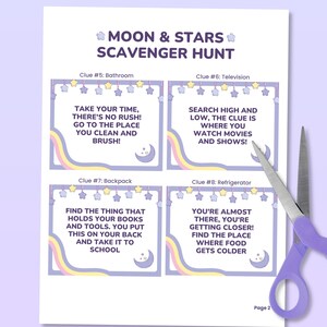 May include: A printable scavenger hunt game for kids with a moon and stars theme. The game has eight clues, each with a different location in the house. The clues are written in a fun and engaging way, making it a great activity for children.