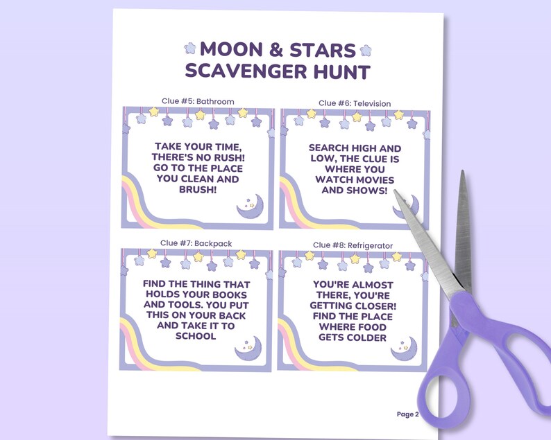May include: A printable scavenger hunt game for kids with a moon and stars theme. The game has eight clues, each with a different location in the house. The clues are written in a fun and engaging way, making it a great activity for children.