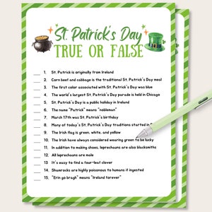 May include: A printable St. Patrick's Day trivia game with 15 true or false questions about Irish culture and traditions. The game features a green, white, and yellow striped background with a pot of gold and a leprechaun's hat.
