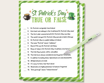 St Patrick's Day True Or False Quiz, St Patrick's Day Trivia Quiz, St Patricks Day Trivia Quiz Party Game, St Patricks Day Activity for Kids