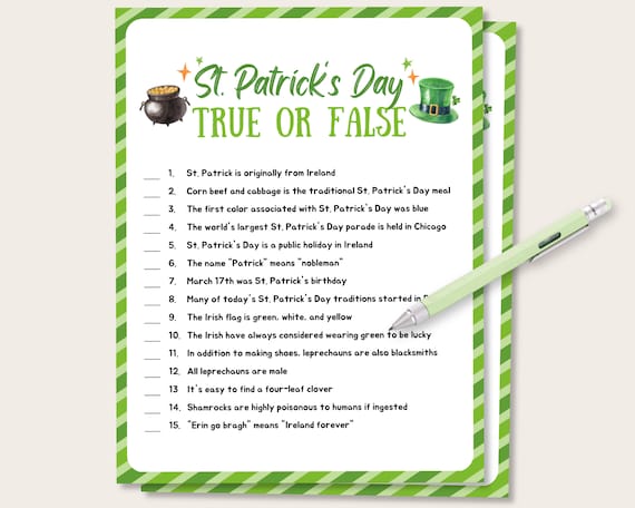 St Patrick's Day True Or False Quiz, St Patrick's Day Trivia Quiz, St Patricks Day Trivia Quiz Party Game, St Patricks Day Activity for Kids