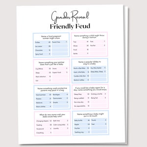 Könsavslöjande Vänlig Fejd, Könsavslöjande Spel, Babyshower Familjefejd, Minimalistiska Babyspel, Könsbabyfestaktivitet, Utskrivbart Spel bild 2