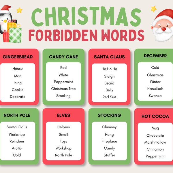 Christmas Forbidden Words, Christmas Taboo Game, Christmas Party Game, Christmas Family Game Night, Holiday Office Party Game, Kid Christmas