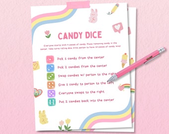 Candy Dice Game, Slumber Party Games, Preteen Sleepover Games, Verjaardagsfeestje Games, Schattige Meisjes Verjaardag Games, Roze Tween Verjaardagsfeestje