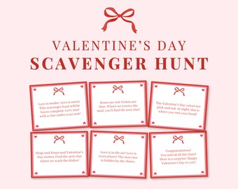 May include: Valentine's Day scavenger hunt game with six red and white cards with instructions for each clue. The cards have a red bow on top and the text "Valentine's Day Scavenger Hunt" at the top.