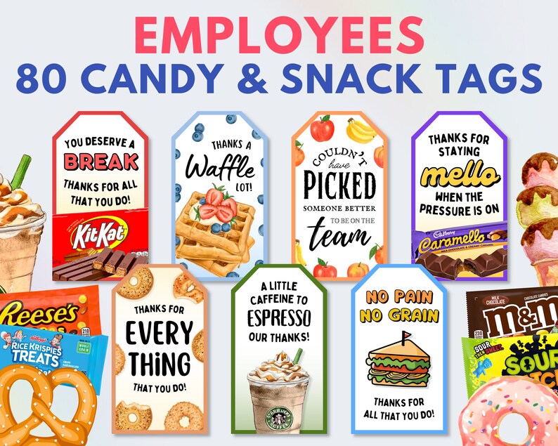 80 Employee Appreciation Tag Bundle Snack & Candy Bar Gift Etsy