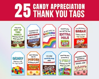 25 ausdruckbare Süßigkeiten-Etiketten, Dankeschön-Geschenke mit Süßigkeiten-Wortspielen für Lehrer, Freiwillige und Mitarbeiter, Etiketten für Mitarbeiter-Snacks zur Anerkennung