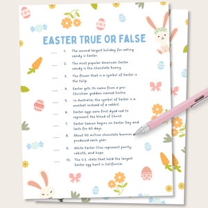 Può includere: Un quiz stampabile Vero o Falso su Pasqua con dieci domande sulle tradizioni pasquali. Il quiz è decorato con uova di Pasqua colorate, coniglietti e fiori.