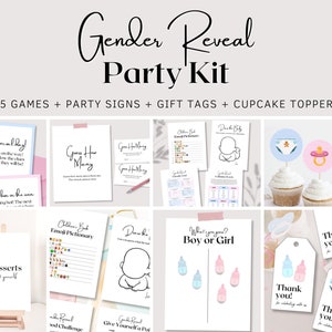 Kit de fiesta de revelación de género, paquete de revelación de género, paquete de juegos para bebés, toppers de cupcakes de revelación de género, letrero minimalista de decoración de baby shower, imprimible