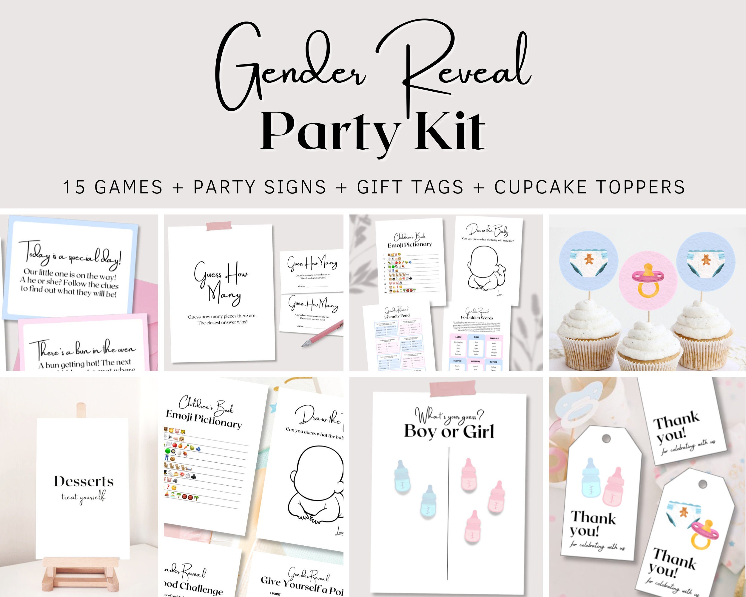 Gender Reveal Party Kit, Gender Reveal Bundle Baby Games Bundle, Gender  Reveal Cupcake Toppers, Minimalist Baby Shower Decor Sign, Printable 