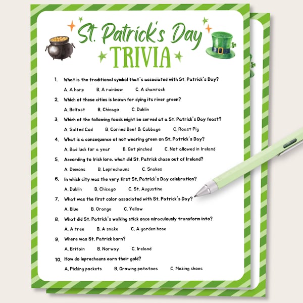 Quiz de la Saint-Patrick, jeu-questionnaire de la Saint-Patrick, jeu de fête de la Saint-Patrick, querelle amicale de la Saint-Patrick, jeu-questionnaire de la St Patty