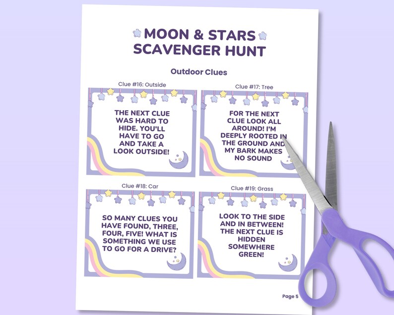May include: A printable scavenger hunt game for kids with a moon and stars theme. The game has four clues with instructions for finding the next clue. The clues are printed on a light purple background with a yellow, pink, and blue rainbow design.