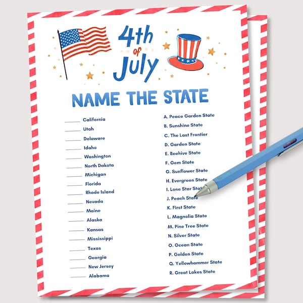 4th Of July USA States Quiz, Printable July 4th Quiz for Kids, July 4th Trivia Game for Family, 4th of July Trivia Quiz, July 4th Party Game