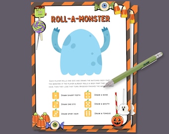 Pode incluir: Um jogo de Halloween imprimível chamado "Roll-a-Monster" com instruções para rolar um dado e desenhar a parte do corpo correspondente em um monstro. O jogo inclui ilustrações de um monstro, dados, milho doce e um pirulito.