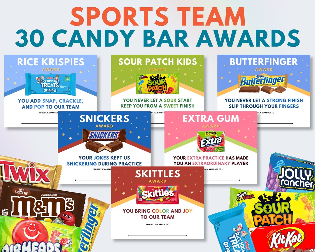 30 Sports Team Candy Bar Awards, Sports Team Award Certificates, End of