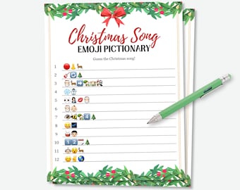 May include: A printable Christmas game with 12 lines of emojis representing Christmas songs. The game is titled "Christmas Song Emoji Pictionary" and instructs players to "Guess the Christmas song!"