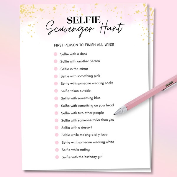 Selfie Scavenger Hunt, Teen Girl Birthday Game, Birthday Games for Her, Pink Sweet 16 Birthday Party Game, Sweet Sixteen Birthday Party Game
