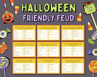 May include: A Halloween-themed game board with orange and yellow squares. The game is called "Halloween Friendly Feud". The board has questions about Halloween costumes, superpowers, and other Halloween-related topics.
