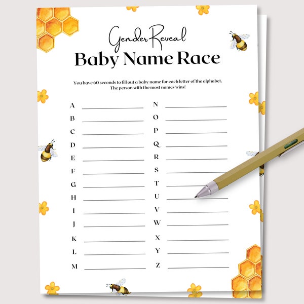 Bee Baby Name Race, Bee Gender Reveal Game, Bee Baby Shower Games, Honeycomb Bee Baby Game, Gender Reveal Party Activity, Printable Game