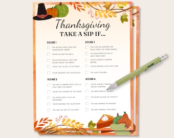 Könnte beinhalten: Ein druckbares Thanksgiving-Spiel mit einem festlichen Herbstthema. Das Spiel heißt "Nimm einen Schluck, wenn..." und umfasst vier Runden mit Fragen. Die Fragen beziehen sich auf Thanksgiving-Traditionen wie Kochen, Einkaufen und Familie.
