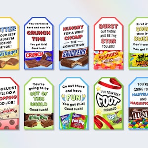 Printable candy gift tags, good luck gifts for sports team, team treats for athletes, funny candy sayings, candy puns for kids, kids sport team gifts, candy grams for kids, gymnastics meet good luck gift tags, football team snack gift tags printable, swim team treat gift tags, cheerleading competition gift ideas for squads, cheer tryout gifts, youth sports championship game day favors, printable candy bar wrappers for sports teams, track and field good luck treat tags, punny candy bar gift ideas
