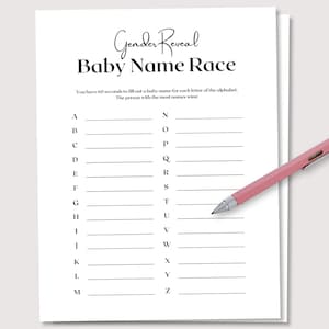 Carrera de nombre de bebé, juego de revelación de género, juegos de baby shower, juego minimalista para bebés, actividad de fiesta de revelación de género, favor de baby shower, juego imprimible