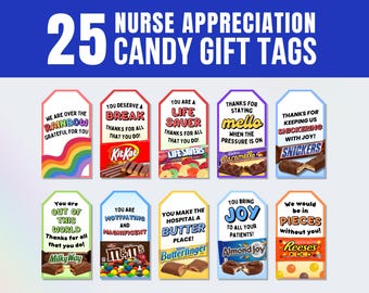 Printable Nurse Appreciation Candy Bar Tags, 25 Thank You Treat Tags for Healthcare Workers and Hospital Staff Recognition, Instant Download