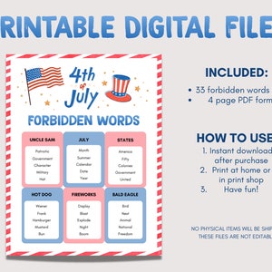 4th of July Forbidden Words, Printable July 4th Party Game, 4th of July