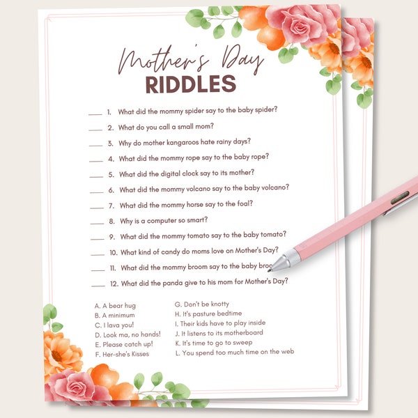 Mothers Day Riddles, Printable Mothers Day Game, Games for Mom, Mothers Day Party Game, Mothers Day Brunch Activity, Fun Mothers Day Quiz