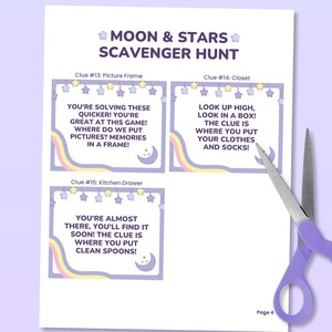 May include: A printable scavenger hunt game for kids with a moon and stars theme. The game has three clues with instructions to find the next clue. The clues are written in a fun, kid-friendly font.