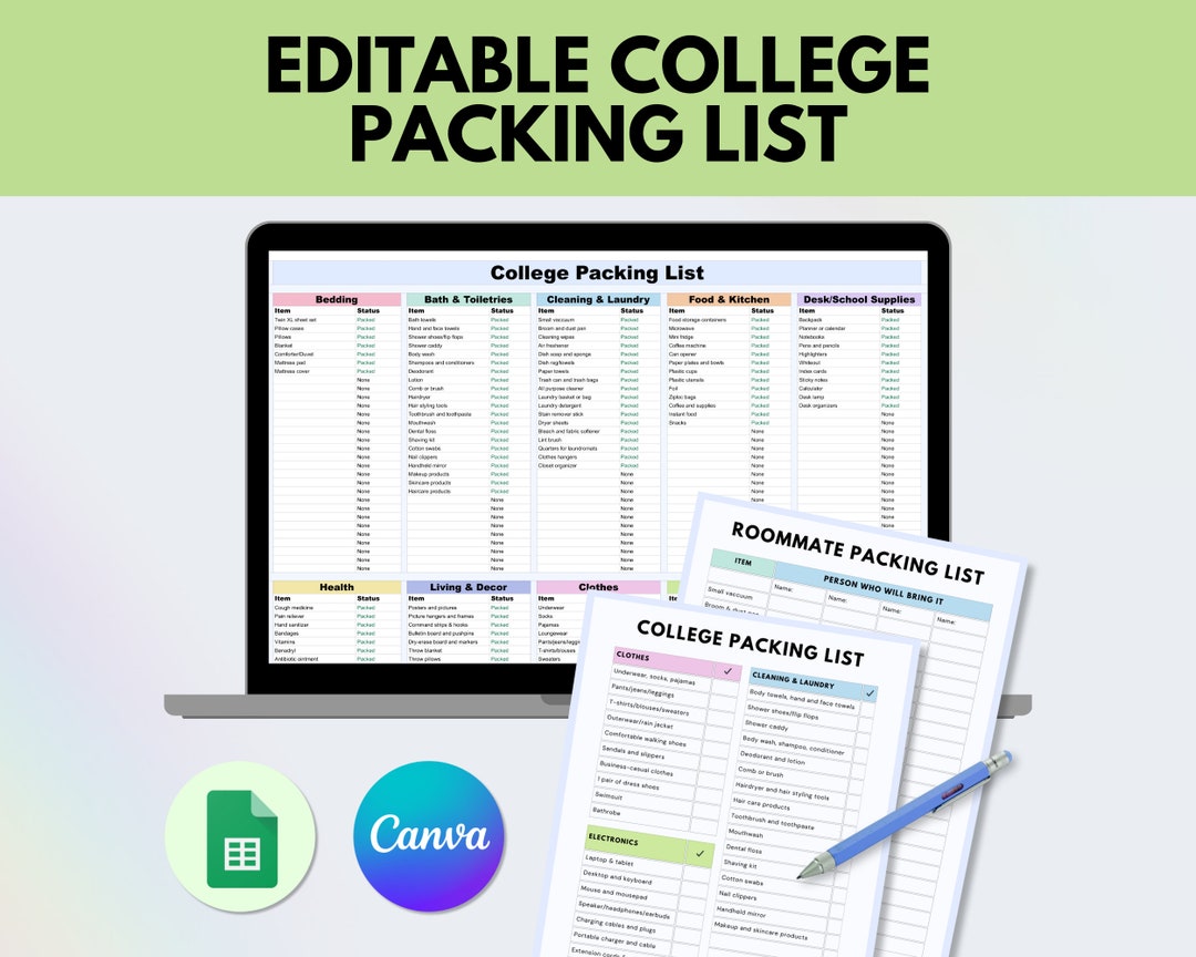 Editable college packing list college dorm packing checklist college