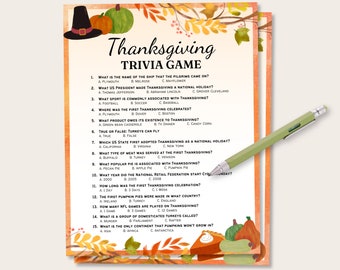 May include: A Thanksgiving trivia game with 15 questions about the holiday. The questions are printed on a sheet of paper with a fall-themed background. The paper is decorated with pumpkins, leaves, and a pie.