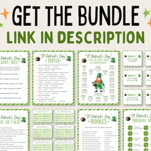 May include: A set of printable St. Patrick's Day games, including a candy dice game, trivia, a "who is most like a leprechaun?" game, true or false, riddles, and a drinking dice game. The games are designed with a green and white striped background and feature a pot of gold and shamrock accents.