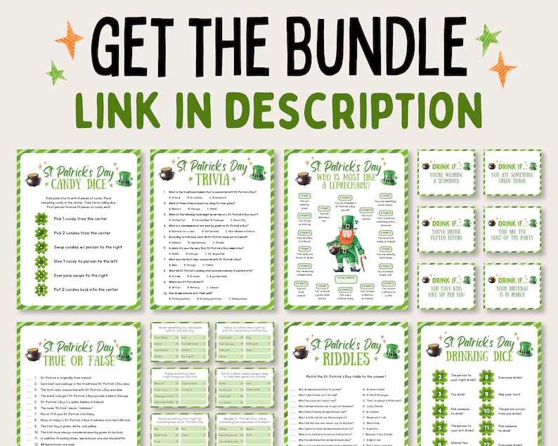 May include: A set of printable St. Patrick's Day games, including a candy dice game, trivia, a "who is most like a leprechaun?" game, true or false, riddles, and a drinking dice game. The games are designed with a green and white striped background and feature a pot of gold and shamrock accents.
