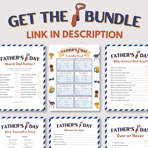 May include: A set of six printable Father's Day game cards with blue and white stripes and orange accents. The games include "Would Dad Rather?", "Friendly Feud", "Who Knows Dad Best?", "Give Yourself a Point", "Wishes for Dad", and "Ever or Never".
