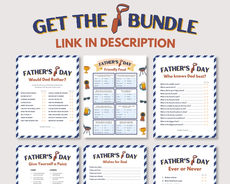 May include: A set of six printable Father's Day game cards with blue and white stripes and orange accents. The games include "Would Dad Rather?", "Friendly Feud", "Who Knows Dad Best?", "Give Yourself a Point", "Wishes for Dad", and "Ever or Never".