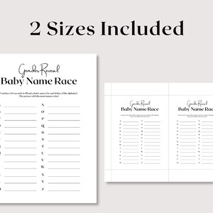May include: Printable gender reveal game with the title "Baby Name Race". The game includes a list of letters of the alphabet with lines to write down baby names.
