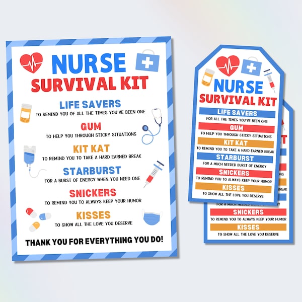 Nurse Survival Kit Gift Tag, Nurse Appreciation Gift Tag, Thank You Nurse Gift Tag, Nurse Week Appreciation Tag, Nurse Candy Thank You Gift