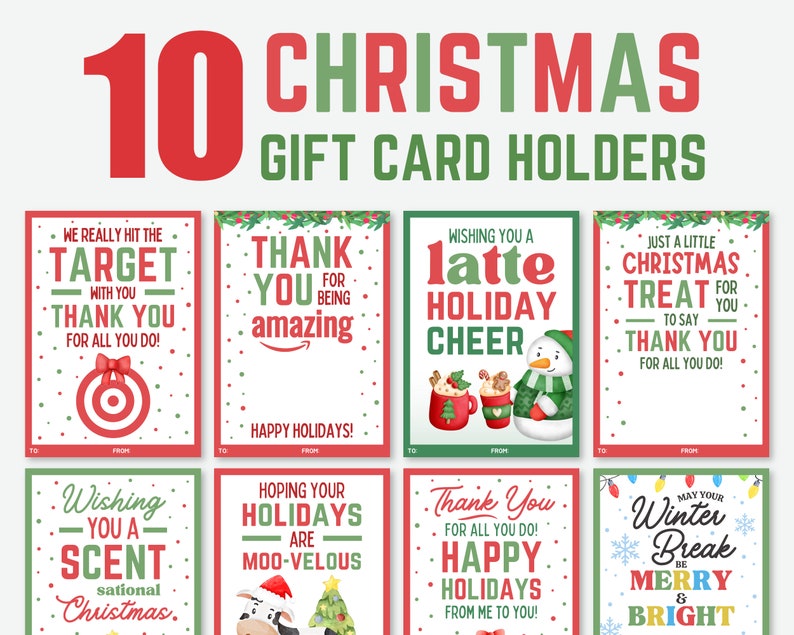 Puede incluir: Diez tarjeteros navide&ntilde;os con varios dise&ntilde;os festivos. Cada tarjeta presenta textos tem&aacute;ticos de vacaciones como "Gracias" y "Feliz y brillante". Las tarjetas tienen acentos rojos y verdes, con ilustraciones de un mu&ntilde;eco de nieve, un objetivo y una vaca.