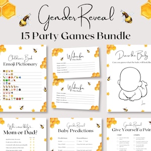 Paquete de juegos de revelación de género de abeja, juegos minimalistas para bebés, juego de baby shower de abeja, qué revelará el género de la abeja bebé, juego de fiesta imprimible de abeja bebé