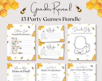 Paket med könsavslöjande spel för bi, minimalistiska babyspel, babyshowerspel för bi, vad kommer könsavslöjande för bi att innebära, utskrivbart partyspel för bi