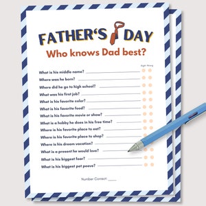 Wie kent papa het beste spel, afdrukbaar vaderdagspel, vaderdagactiviteit voor kinderen, leuk afdrukbaar vaderdagspel, vaderdagfamiliequiz