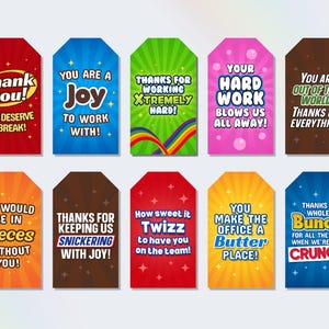 employee appreciation candy gift tags, employee thank you gift tags, staff appreciation treat tags, employee candy bar printable, thank you gift tags for employees, candy staff appreciation thank you gifts, candy bar sayings for employees, candy puns
