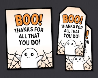 Op de afbeelding: Twee printbare Halloween-cadeautje-etiketten met een cartoon-spook met de tekst "BOO! Bedankt voor alles wat je doet!"