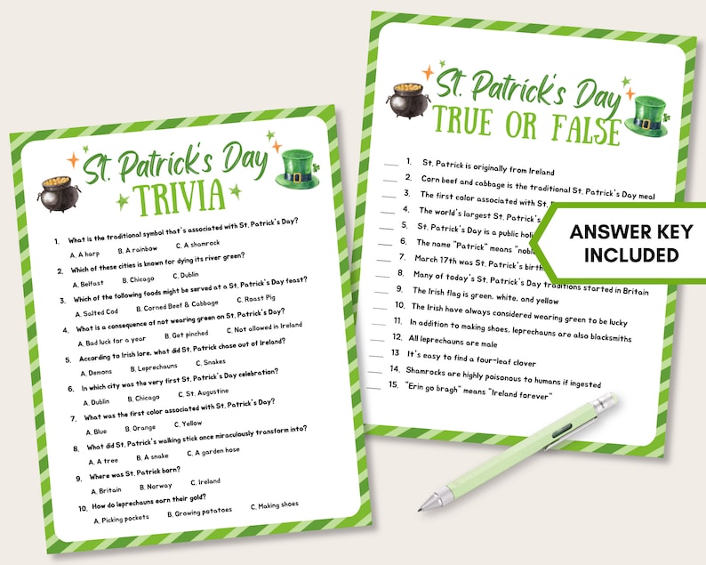 May include: Two printable St. Patrick's Day trivia game cards with green, white, and gold shamrock designs. The first card has 10 trivia questions about St. Patrick's Day. The second card has 15 true or false questions about St. Patrick's Day. The answer key is included.