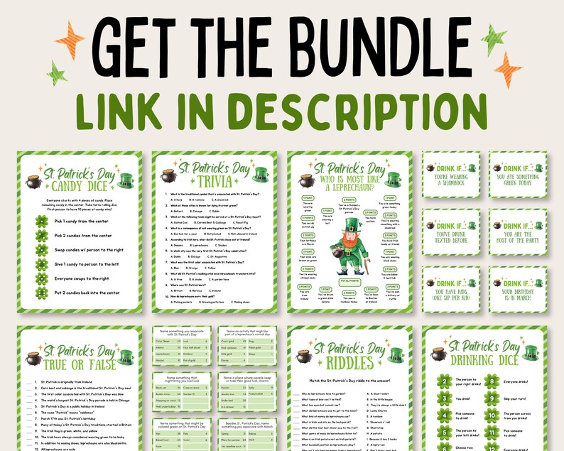 May include: A set of printable St Patrick's Day games, including a candy dice game, trivia, a "who is most like a leprechaun?" game, true or false, riddles, and a drinking dice game. The games are designed with a green and white striped background and feature a pot of gold and shamrock accents.