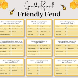 May include: A printable game board with a yellow and white honeycomb pattern background. The game is called "Gender Reveal Friendly Feud". The game board has 9 squares with different categories and questions for a gender reveal party.