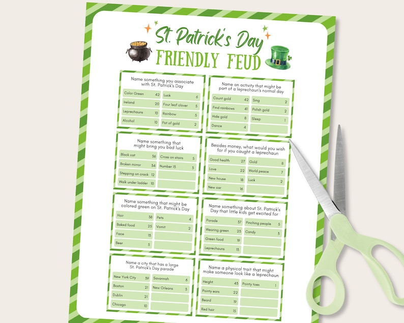 St Patrick's Day Friendly Feud Game, St Patrick's Day Trivia Quiz, St Patricks Day Family Feud, St Patricks Trivia Feud Game, St Pattys Feud image 4