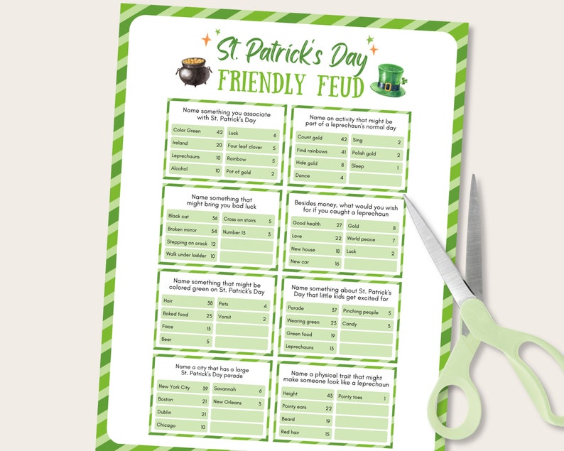 May include: A printable St. Patrick's Day game called "Friendly Feud". The game is divided into squares with different categories and questions.  The categories include "Name something you associate with St. Patrick's Day", "Name an activity that might be part of a leprechaun's normal day", "Name something that might bring you bad luck", "Besides money, what would you wish for if you caught a leprechaun", "Name something that might be colored green on St. Patrick's Day", "Name a city that has a large St. Patrick's Day parade", "Name something about St. Patrick's Day that little kids get excited for", and "Name a physical trait that might make someone look like a leprechaun".